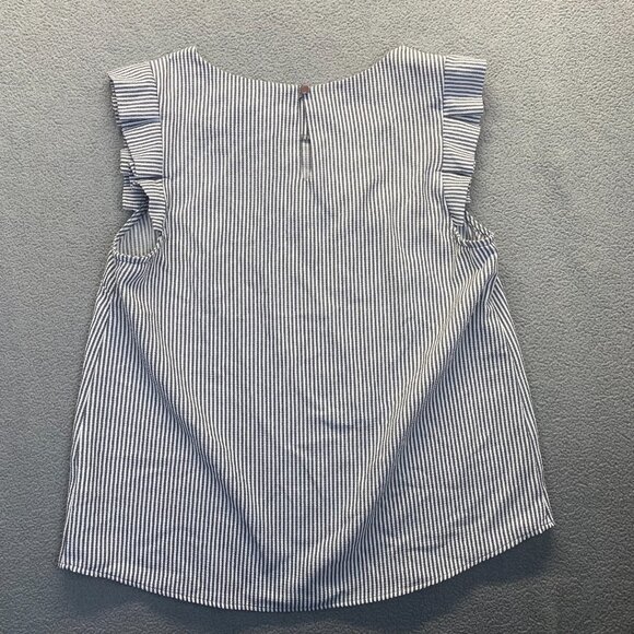Monteau Top Teens Size M Blue White Striped Short Sleeve Ruffled Blouse - Picture 2 of 10